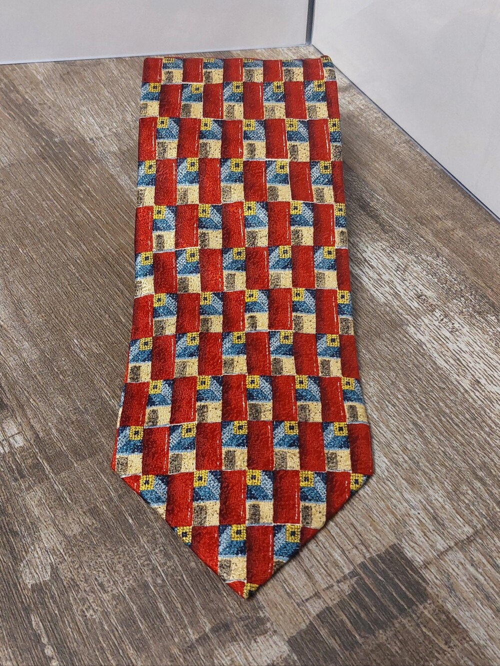 Italia Red Checked Pattern Men’s Tie with Blue and Cream Accents
